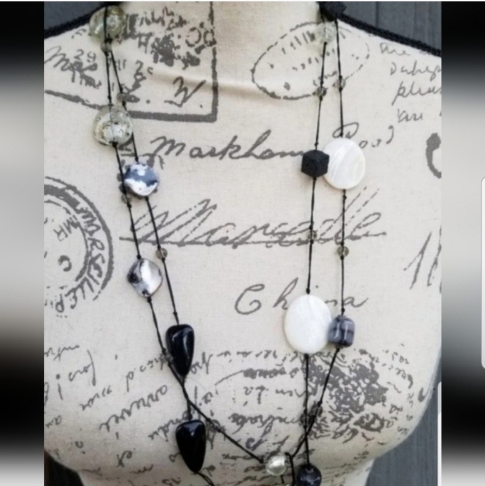 Vintage Long Multistrand Mixed Media Necklace - Lava Rock, MOP, Picasso Marble